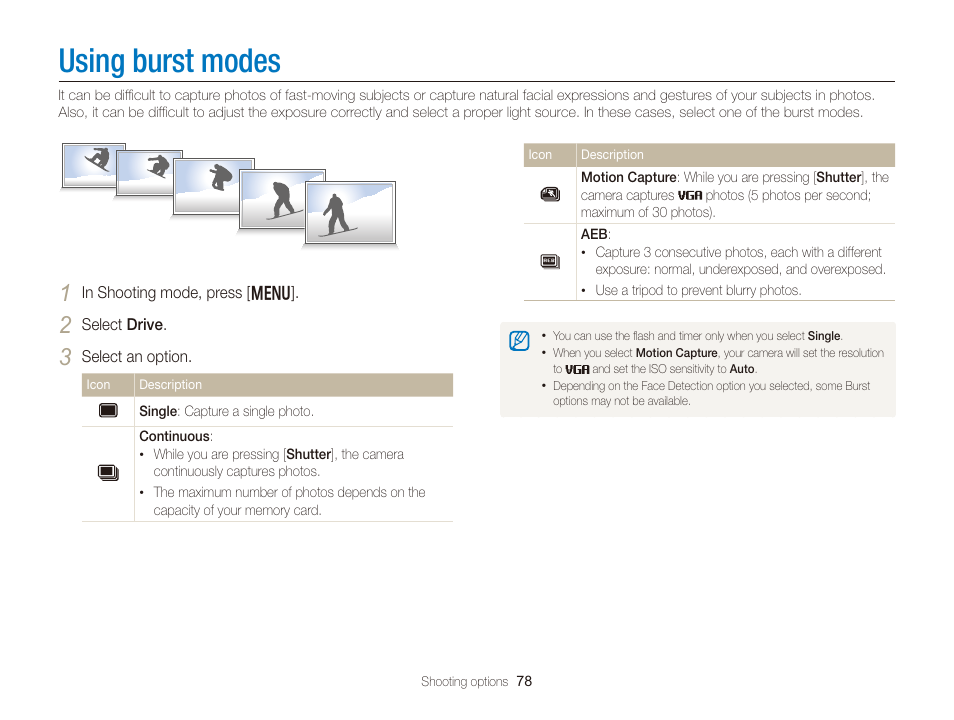 Using burst modes | Samsung EC-DV300FBPUUS User Manual | Page 79 / 168
