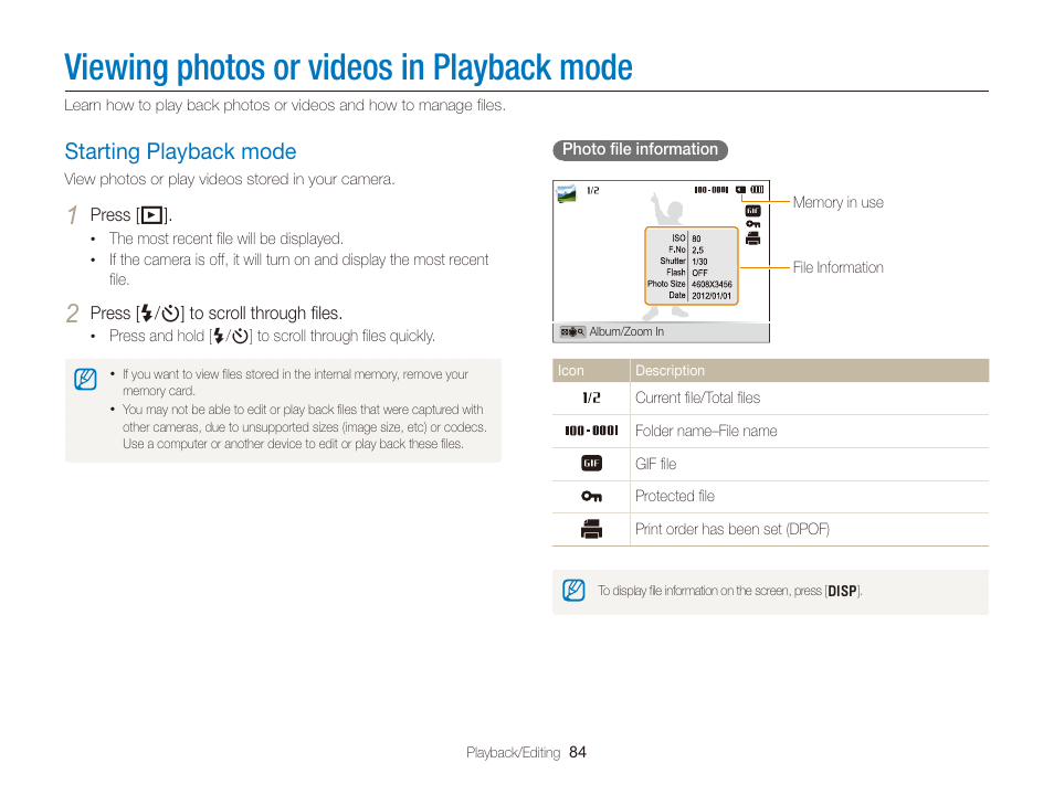Viewing photos or videos in playback mode, Starting playback mode, Viewing photos or videos in | Playback mode, Starting playback mode ………………… 84 | Samsung EC-DV300FBPUUS User Manual | Page 85 / 168