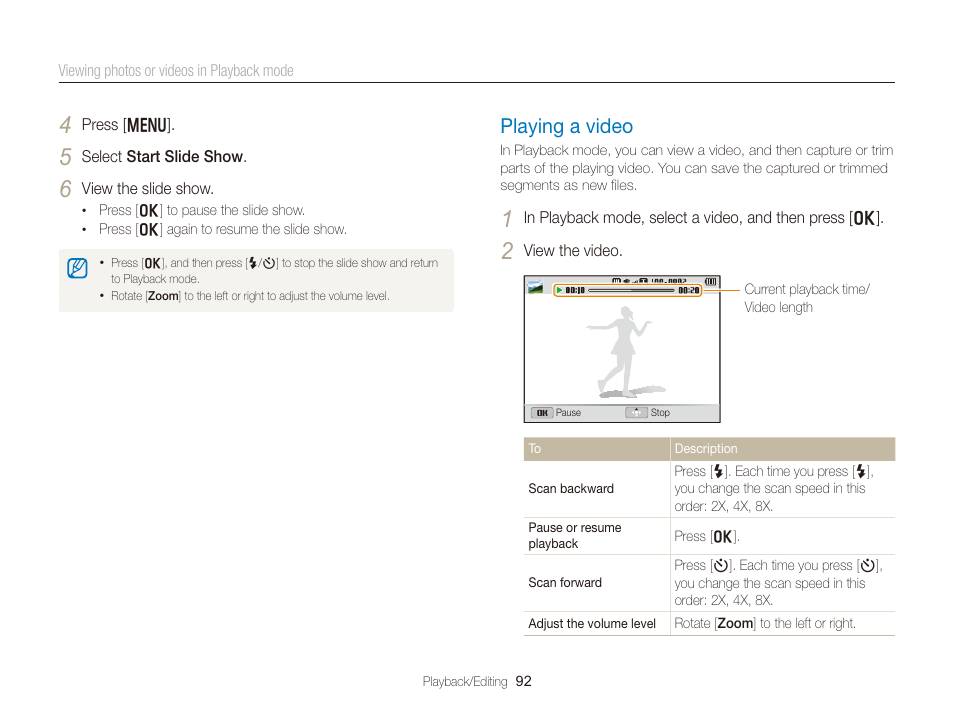 Playing a video, Playing a video …………………………… 92 | Samsung EC-DV300FBPUUS User Manual | Page 93 / 168