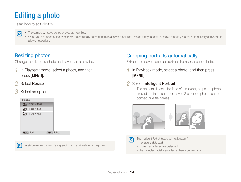 Editing a photo, Resizing photos, Cropping portraits automatically | Resizing photos …………………………… 94, Cropping portraits automatically ………… 94 | Samsung EC-DV300FBPUUS User Manual | Page 95 / 168