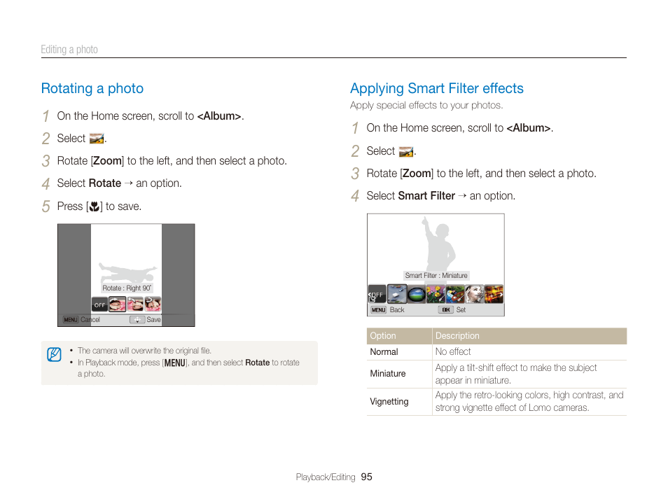 Rotating a photo, Applying smart filter effects, Rotating a photo ………………………… 95 | Applying smart filter effects ……………… 95 | Samsung EC-DV300FBPUUS User Manual | Page 96 / 168