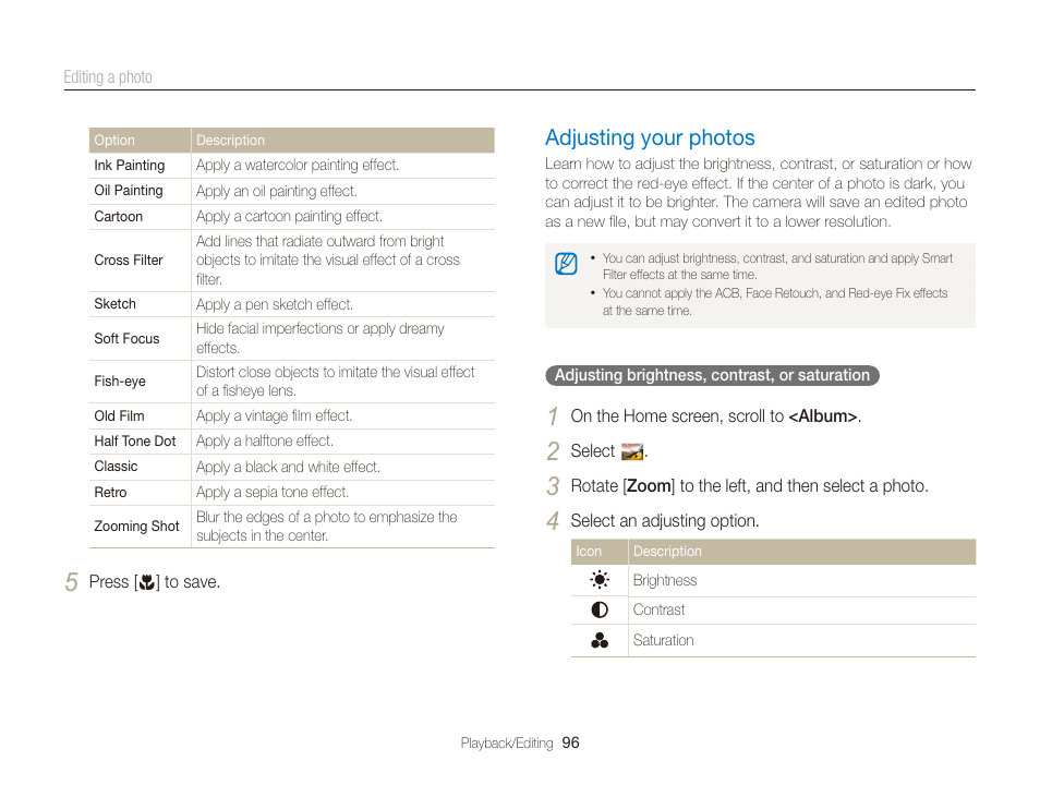Adjusting your photos, Adjusting your photos …………………… 96 | Samsung EC-DV300FBPUUS User Manual | Page 97 / 168