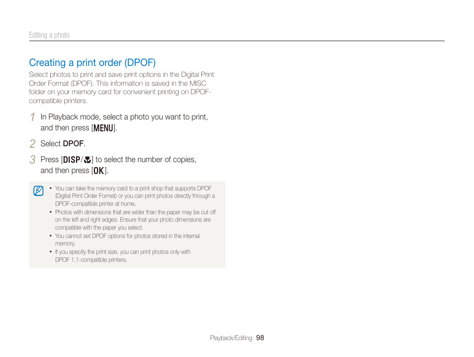 Creating a print order (dpof), Creating a print order (dpof) …………… 98 | Samsung EC-DV300FBPUUS User Manual | Page 99 / 168