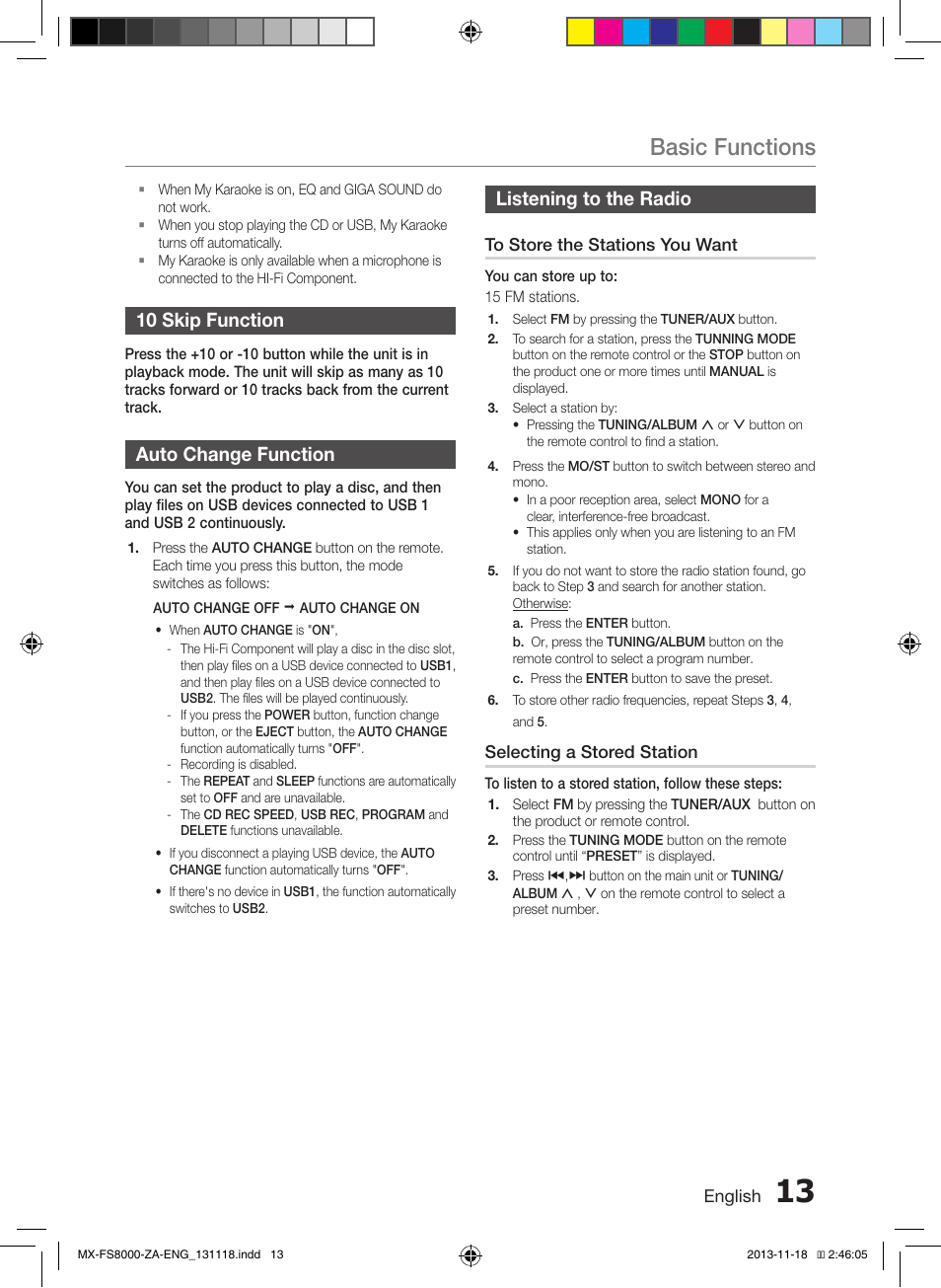 10 skip function, Auto change function, Listening to the radio | Basic functions | Samsung MX-FS8000-ZA User Manual | Page 13 / 21