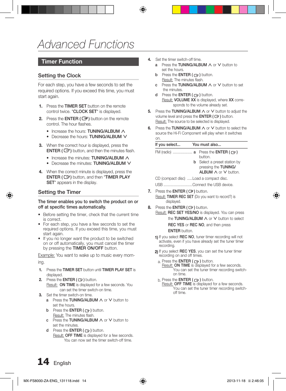 Advanced functions, Timer function | Samsung MX-FS8000-ZA User Manual | Page 14 / 21