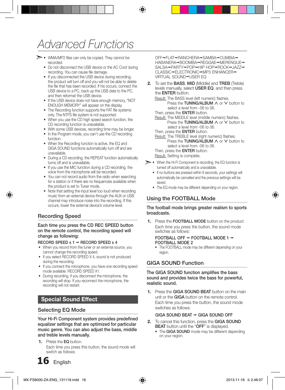 Special sound effect, Advanced functions | Samsung MX-FS8000-ZA User Manual | Page 16 / 21
