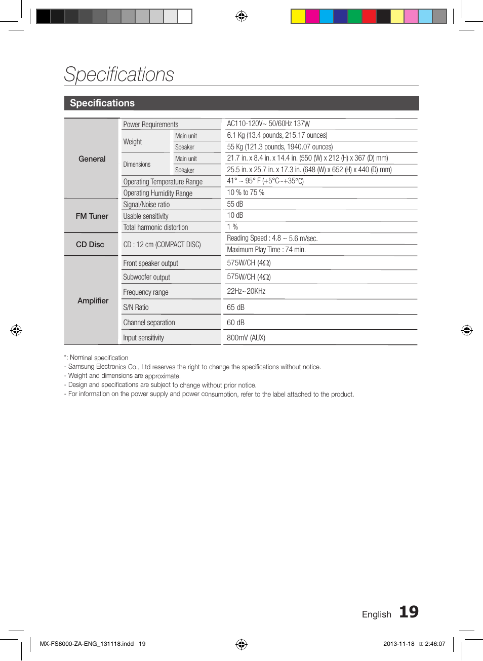 Specifications | Samsung MX-FS8000-ZA User Manual | Page 19 / 21