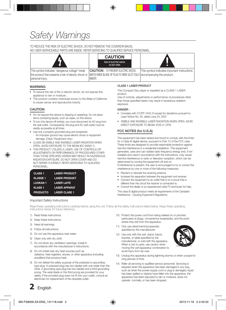 Safety warnings, English, Caution | Samsung MX-FS8000-ZA User Manual | Page 2 / 21