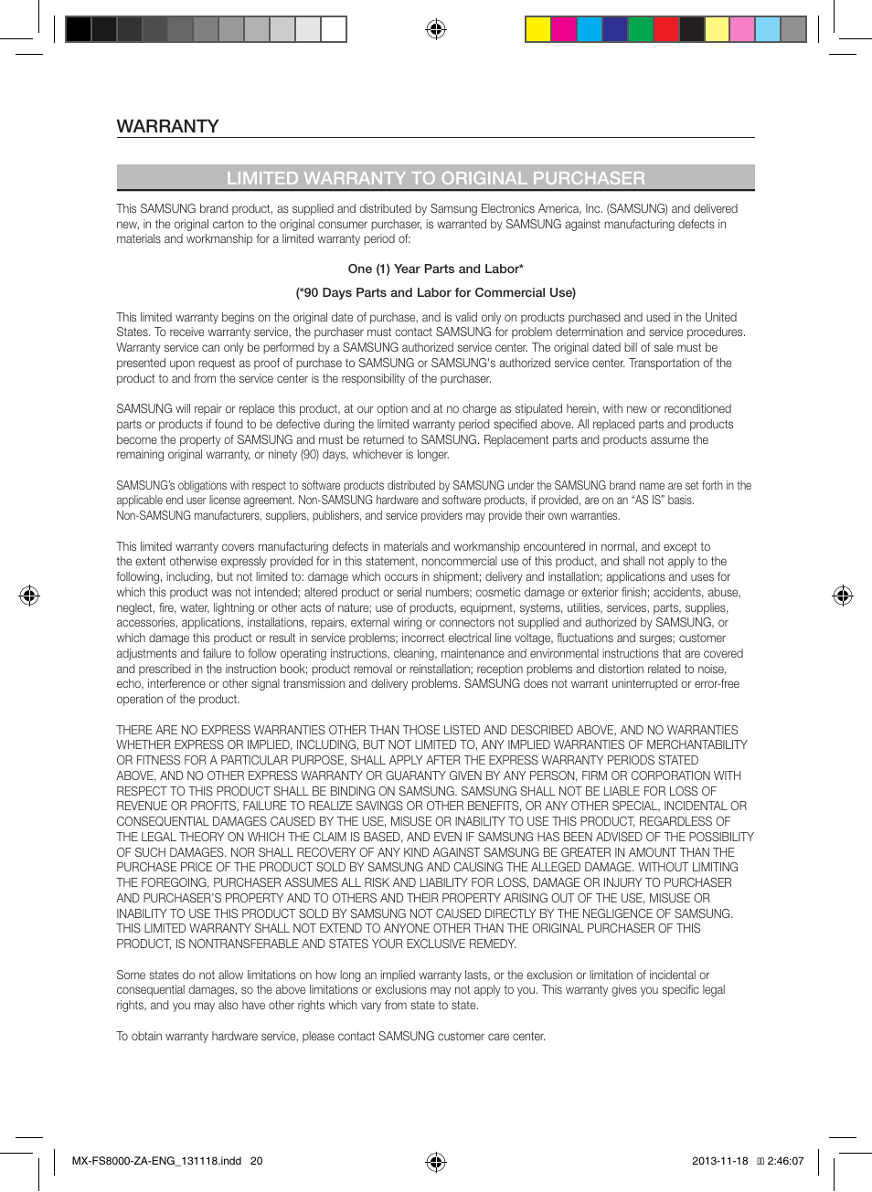 Warranty, Warranty limited warranty to original purchaser | Samsung MX-FS8000-ZA User Manual | Page 20 / 21