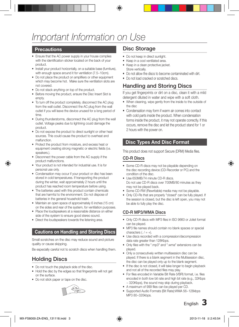 Important information on use, Precautions, Cautions on handling and storing discs | Disc types and disc format, Holding discs, Disc storage, Handling and storing discs | Samsung MX-FS8000-ZA User Manual | Page 3 / 21