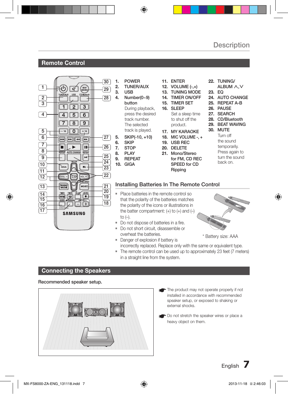 Remote control, Connecting the speakers, Description | Samsung MX-FS8000-ZA User Manual | Page 7 / 21