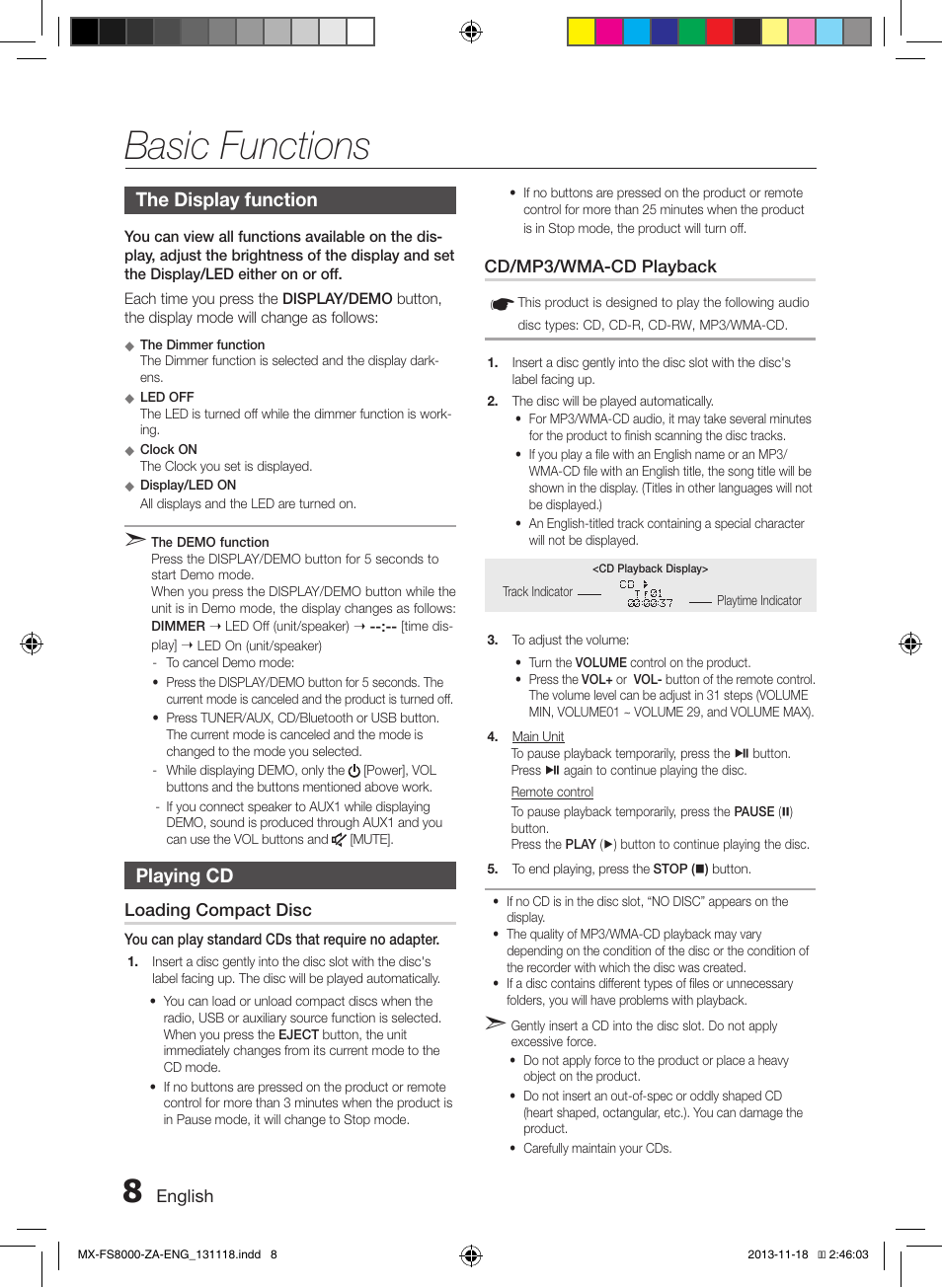 Basic functions, The display function, Playing cd | Samsung MX-FS8000-ZA User Manual | Page 8 / 21
