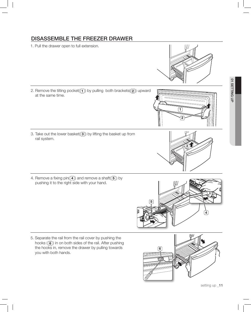 Disassemble the freezer drawer | Samsung RF267AASH-XAA User Manual | Page 11 / 40