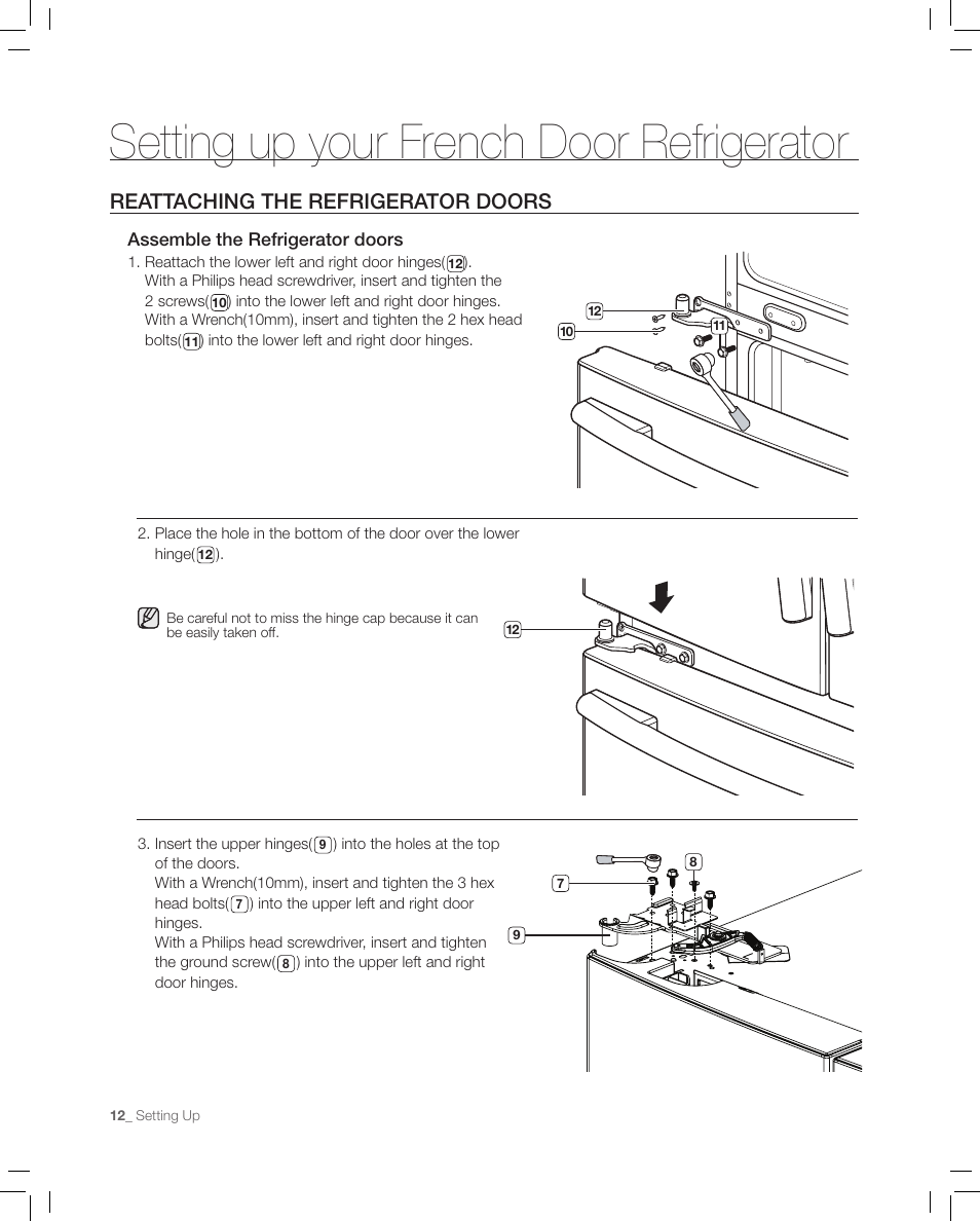 Reattaching the refrigerator doors, Setting up your french door refrigerator | Samsung RF267AASH-XAA User Manual | Page 12 / 40