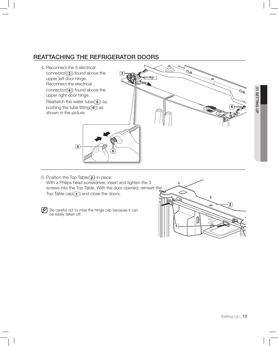 Reattaching the refrigerator doors | Samsung RF267AASH-XAA User Manual | Page 13 / 40