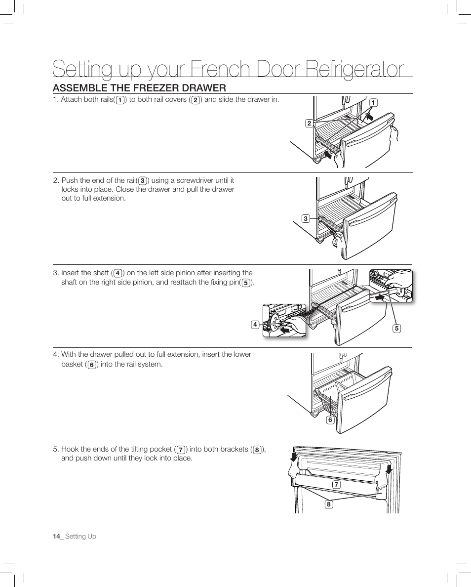Assemble the freezer drawer, Setting up your french door refrigerator | Samsung RF267AASH-XAA User Manual | Page 14 / 40