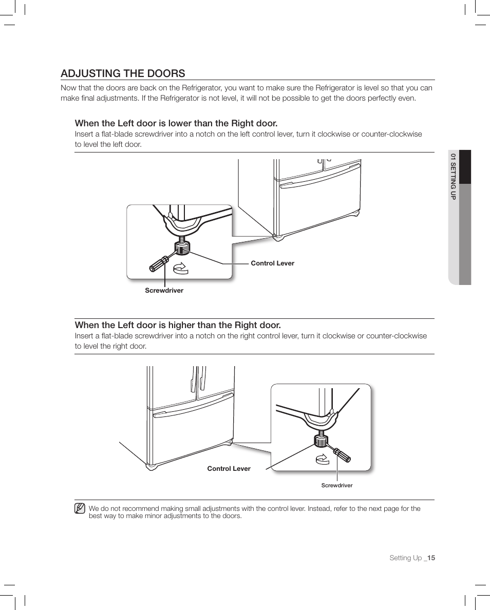 Adjusting the doors | Samsung RF267AASH-XAA User Manual | Page 15 / 40