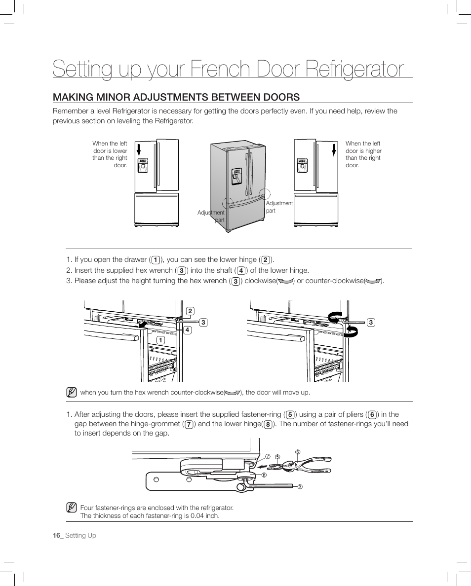 Making minor adjustments between doors, Setting up your french door refrigerator | Samsung RF267AASH-XAA User Manual | Page 16 / 40