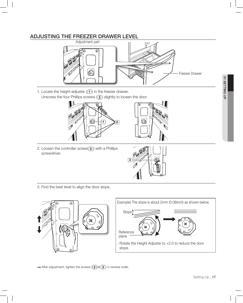 Adjusting the freezer drawer level | Samsung RF267AASH-XAA User Manual | Page 17 / 40