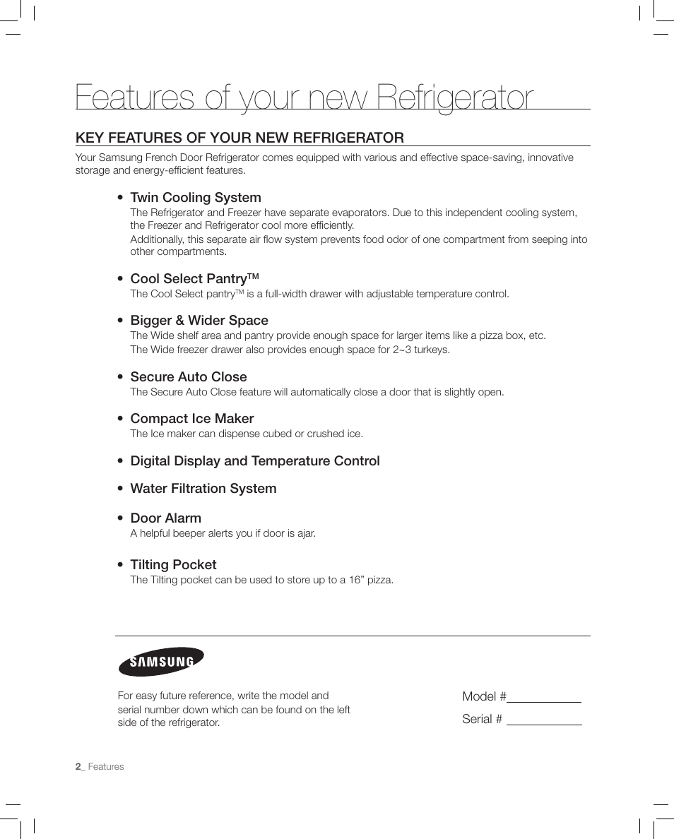 Features of your new refrigerator, Key features of your new refrigerator | Samsung RF267AASH-XAA User Manual | Page 2 / 40