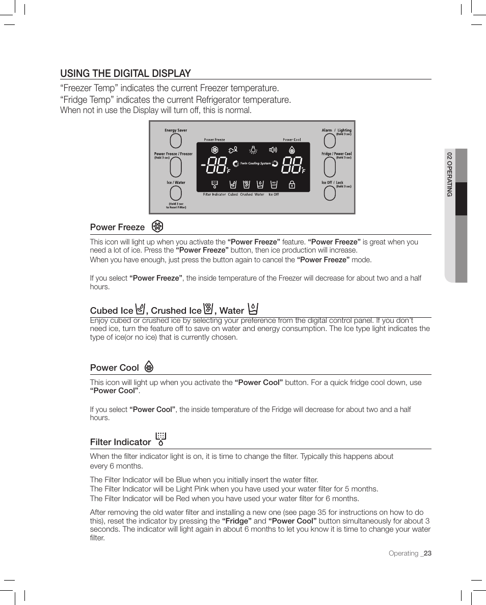 Using the digital display | Samsung RF267AASH-XAA User Manual | Page 23 / 40