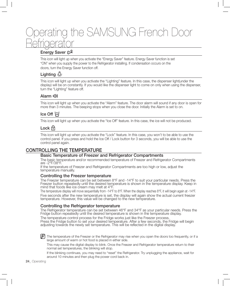 Controlling the temperature, Operating the samsung french door refrigerator | Samsung RF267AASH-XAA User Manual | Page 24 / 40