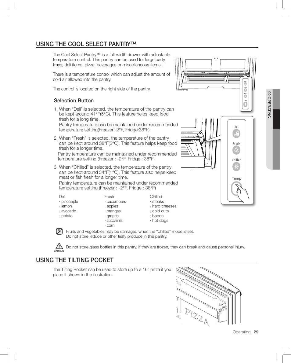 Using the cool select pantry, Using the tilting pocket, Pizza | Samsung RF267AASH-XAA User Manual | Page 29 / 40