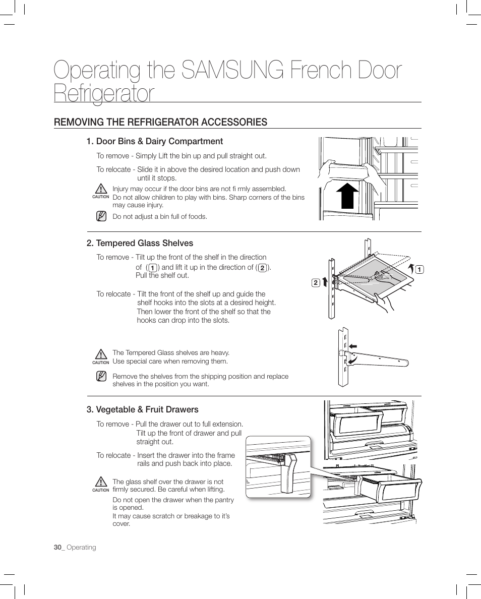Removing the refrigerator accessories, Operating the samsung french door refrigerator | Samsung RF267AASH-XAA User Manual | Page 30 / 40