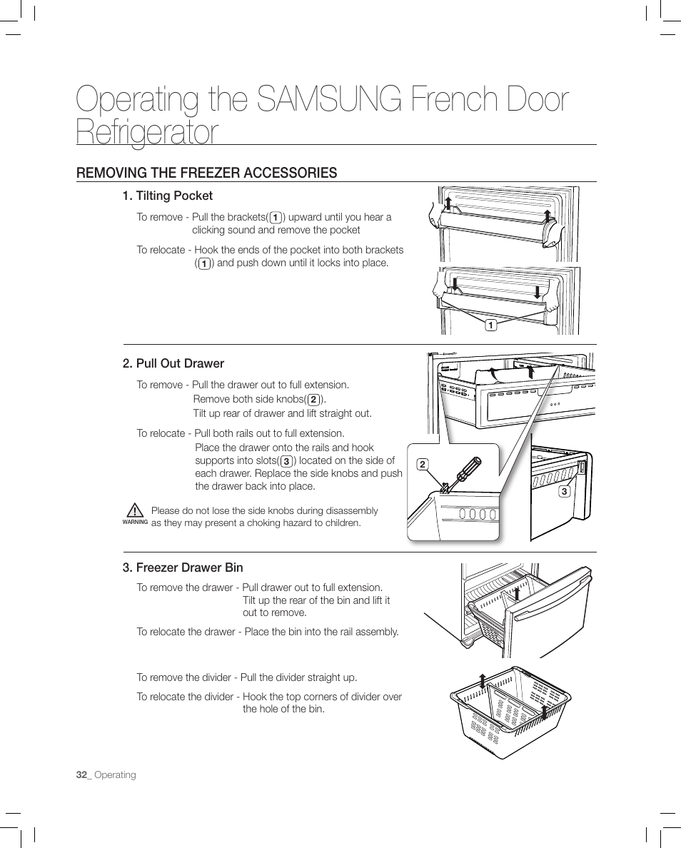 Removing the freezer accessories, Operating the samsung french door refrigerator | Samsung RF267AASH-XAA User Manual | Page 32 / 40