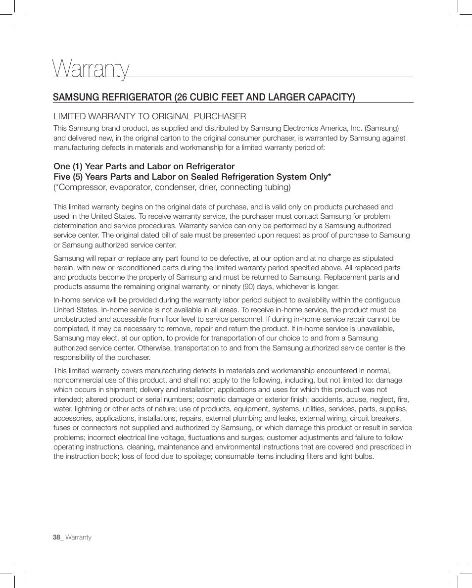 Warranty | Samsung RF267AASH-XAA User Manual | Page 38 / 40
