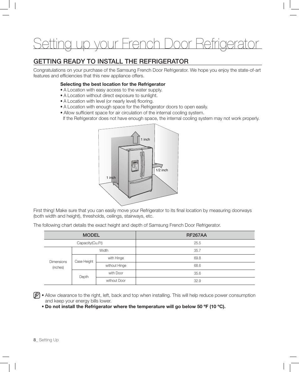 Setting up your french door refrigerator, Getting ready to install the refrigerator | Samsung RF267AASH-XAA User Manual | Page 8 / 40