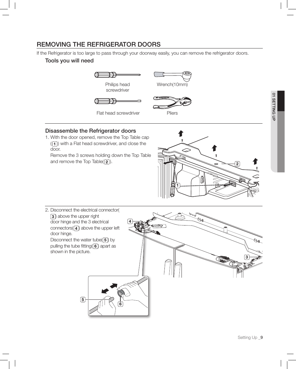 Removing the refrigerator doors | Samsung RF267AASH-XAA User Manual | Page 9 / 40
