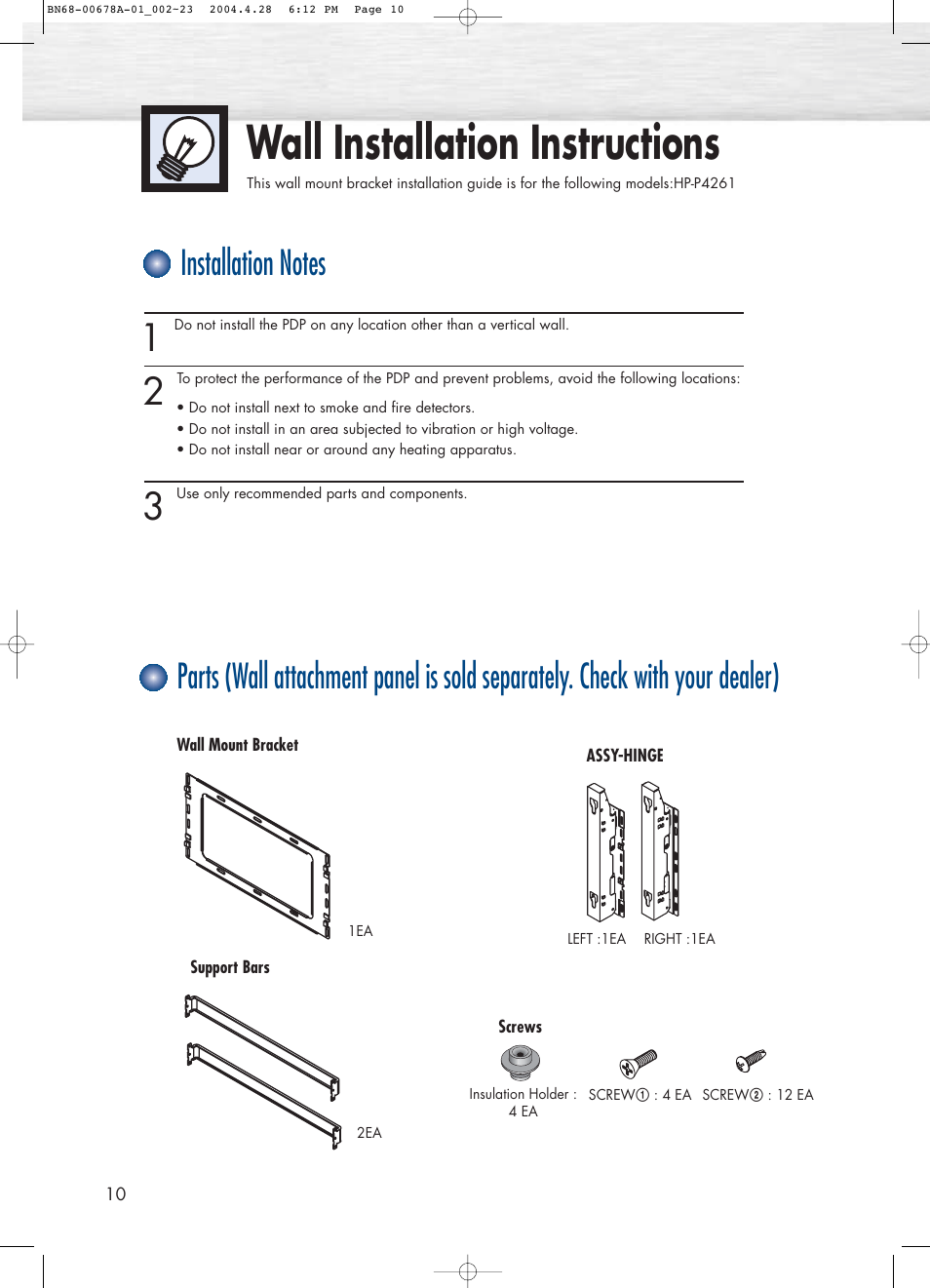 Wall installation instructions | Samsung HPP4261X-XAP User Manual | Page 10 / 112