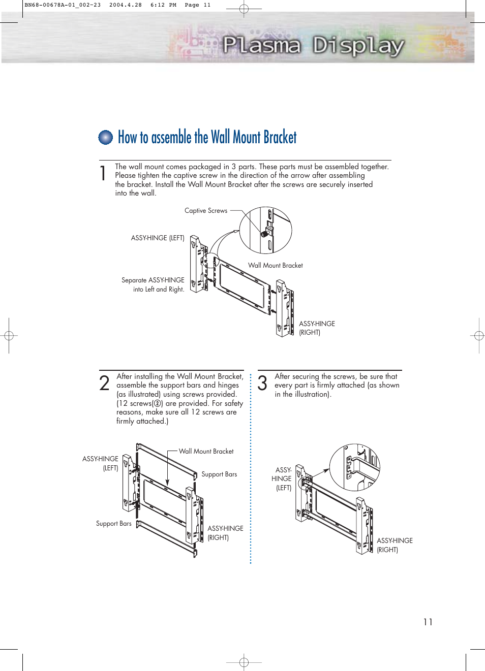 How to assemble the wall mount bracket | Samsung HPP4261X-XAP User Manual | Page 11 / 112