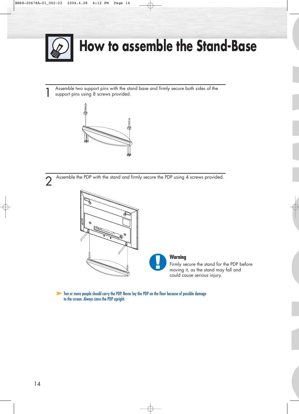 How to assemble the stand-base | Samsung HPP4261X-XAP User Manual | Page 14 / 112