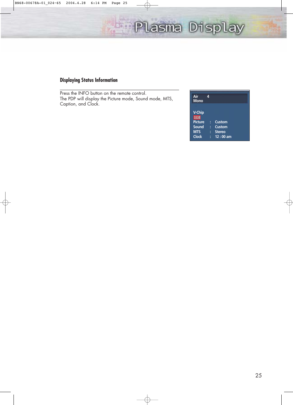 25 displaying status information | Samsung HPP4261X-XAP User Manual | Page 25 / 112
