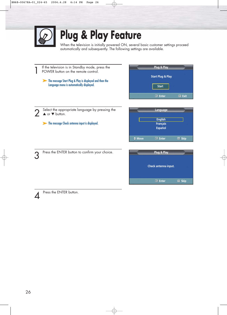 Plug & play feature | Samsung HPP4261X-XAP User Manual | Page 26 / 112