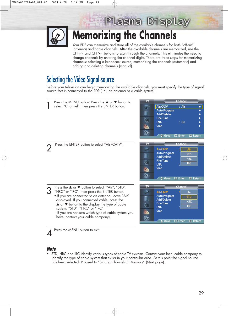 Memorizing the channels, Selecting the video signal-source | Samsung HPP4261X-XAP User Manual | Page 29 / 112