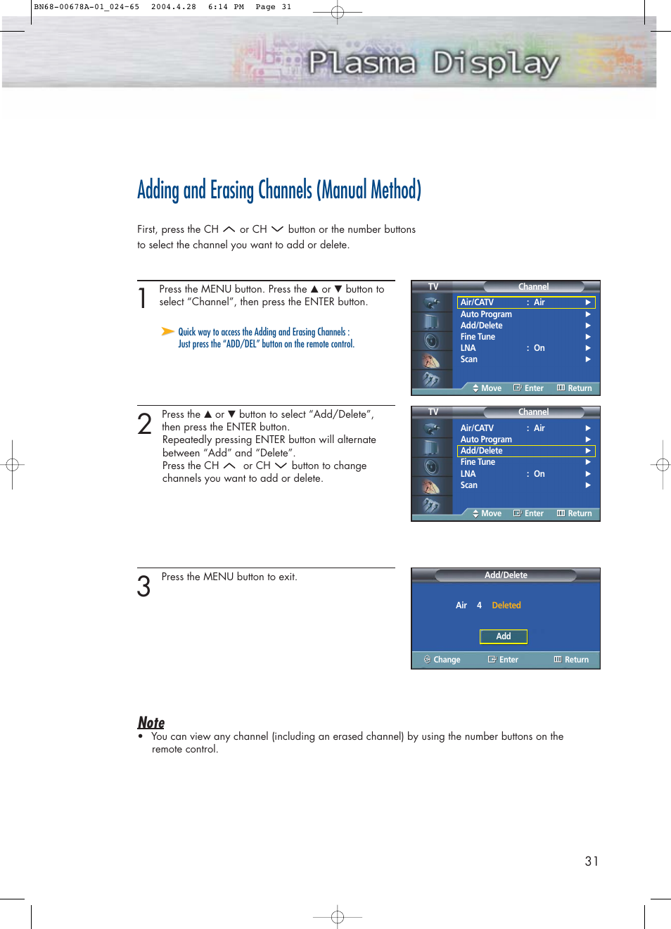 Adding and erasing channels (manual method) | Samsung HPP4261X-XAP User Manual | Page 31 / 112
