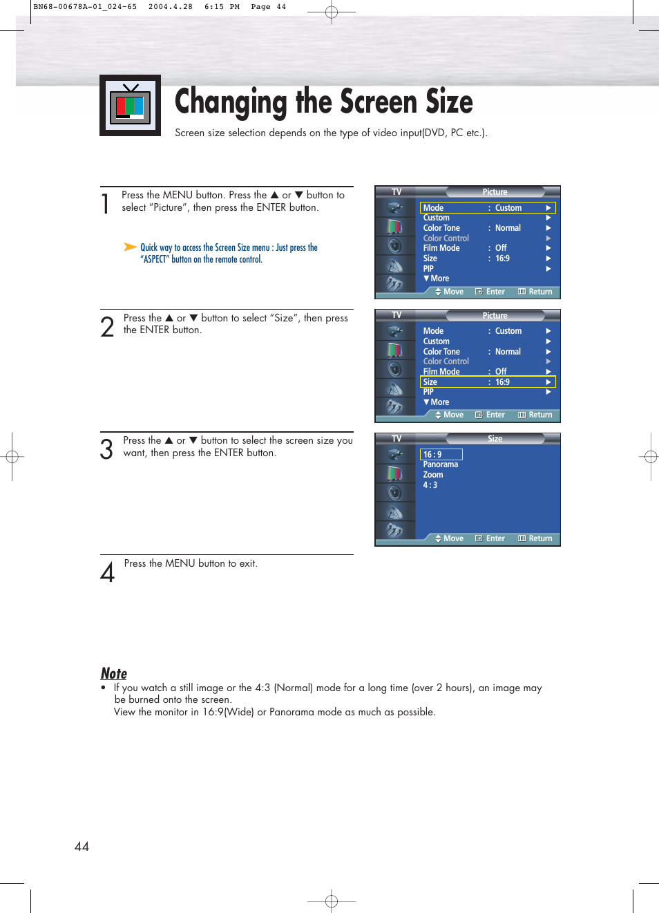 Changing the screen size | Samsung HPP4261X-XAP User Manual | Page 44 / 112
