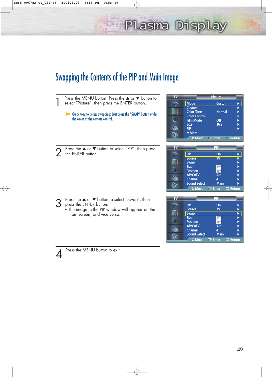 Swapping the contents of the pip and main image | Samsung HPP4261X-XAP User Manual | Page 49 / 112
