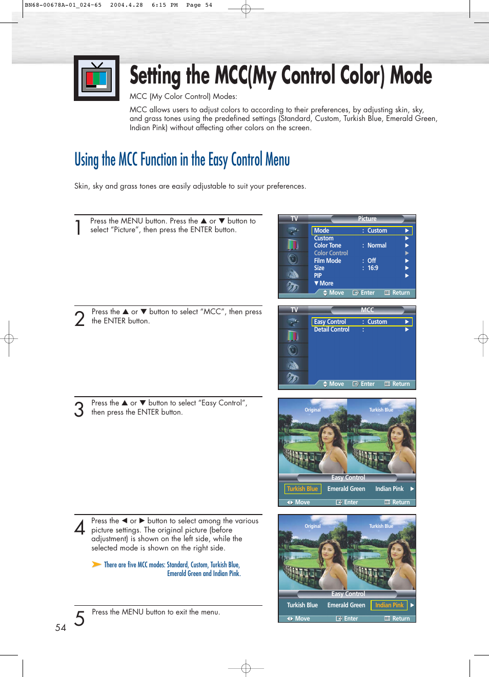 Setting the mcc(my control color) mode, Using the mcc function in the easy control menu | Samsung HPP4261X-XAP User Manual | Page 54 / 112