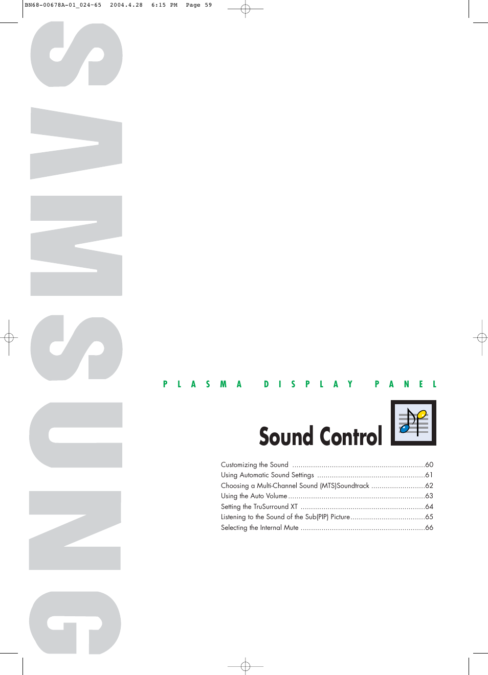 Sound control | Samsung HPP4261X-XAP User Manual | Page 59 / 112