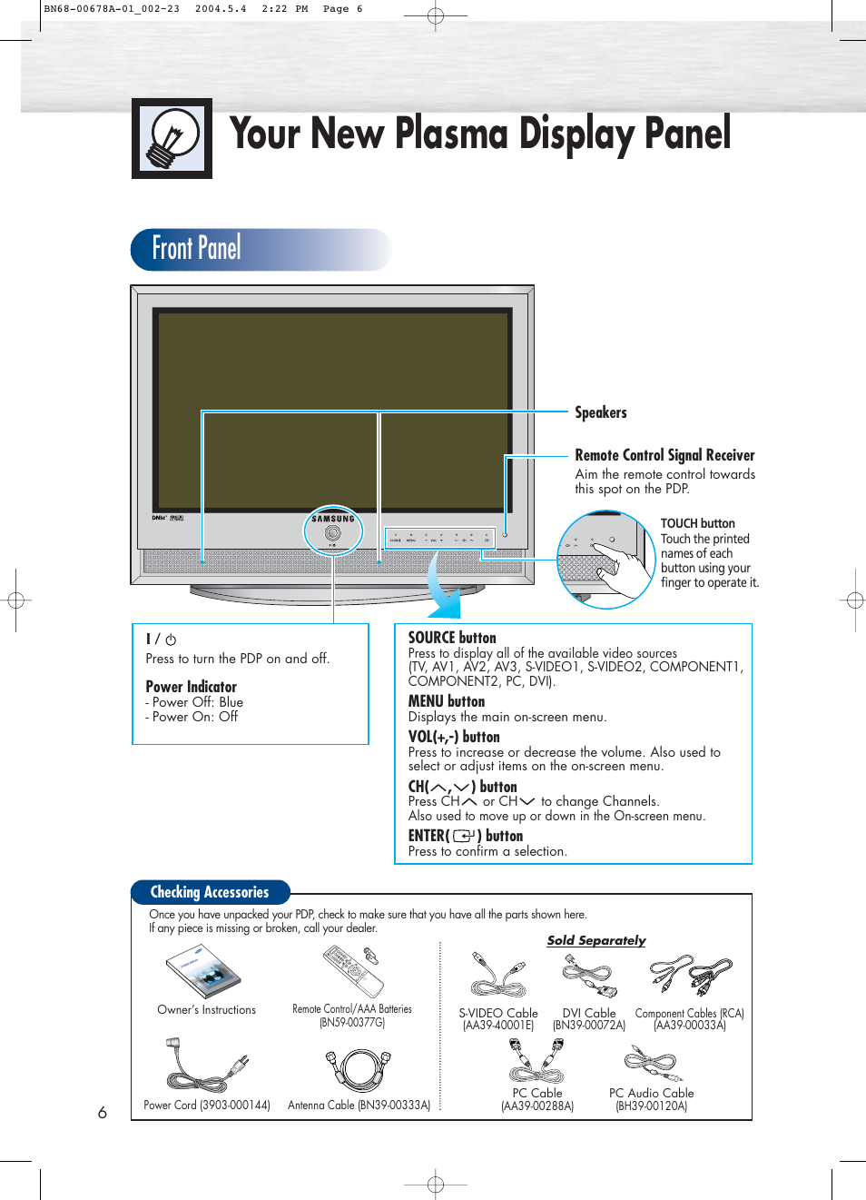 Your new plasma display panel, Front panel | Samsung HPP4261X-XAP User Manual | Page 6 / 112