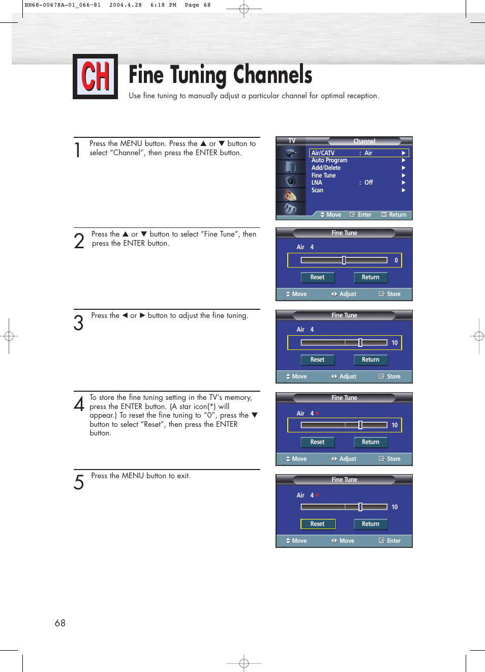 Fine tuning channels | Samsung HPP4261X-XAP User Manual | Page 68 / 112