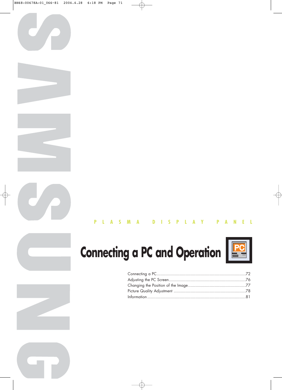 Connecting a pc and operation | Samsung HPP4261X-XAP User Manual | Page 71 / 112