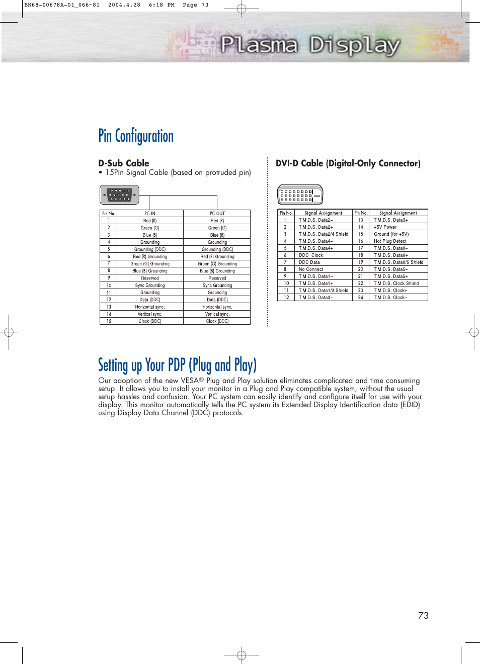 Pin configuration, Setting up your pdp (plug and play) | Samsung HPP4261X-XAP User Manual | Page 73 / 112