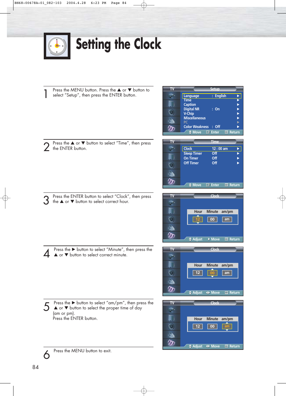 Setting the clock | Samsung HPP4261X-XAP User Manual | Page 84 / 112