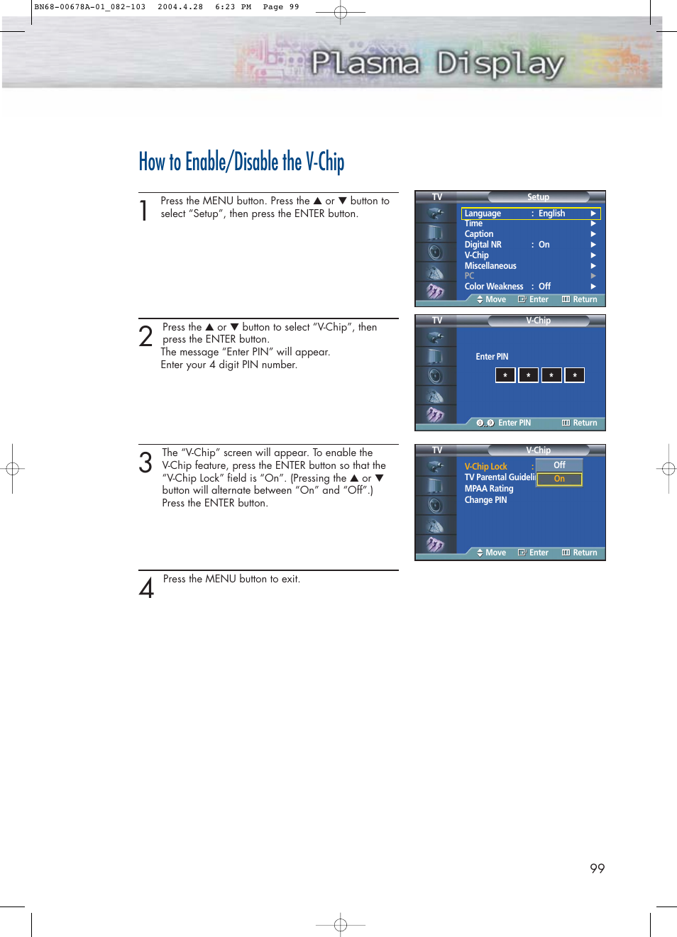 How to enable/disable the v-chip | Samsung HPP4261X-XAP User Manual | Page 99 / 112