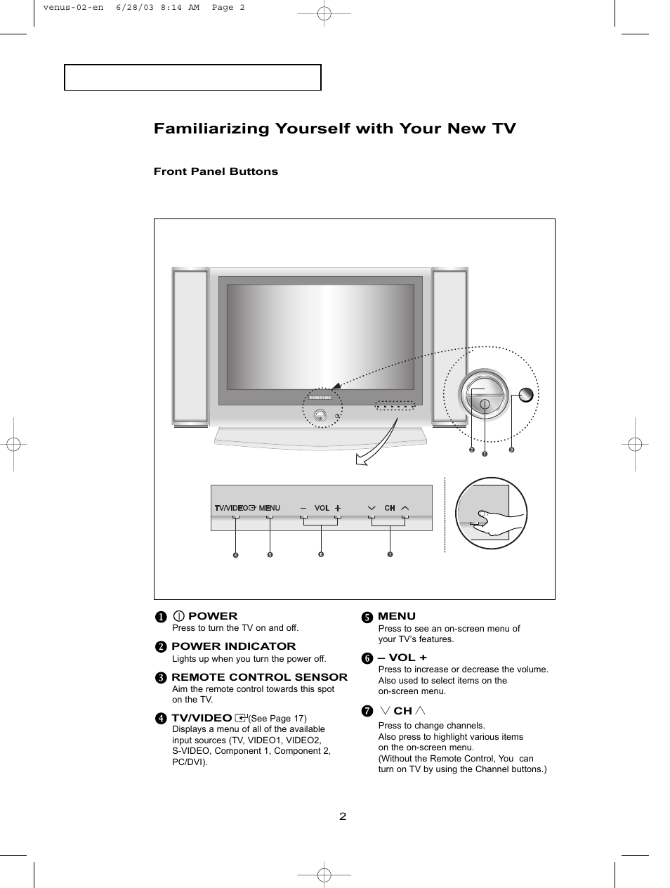 Familiarizing yourself with your new tv, Front panel buttons | Samsung LTN406WX-XAC User Manual | Page 12 / 84